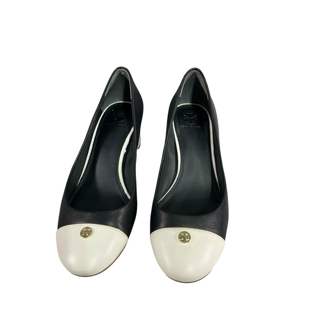 TORY BURCH REVA LEATHER TIFFY CAP TOE WEDGE PUMP SHOES Sz.6 Black White